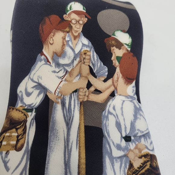 VINTAGE 90s Norman Rockwell four sporting boys baseball 1951 silk tie - Picture 4 of 9